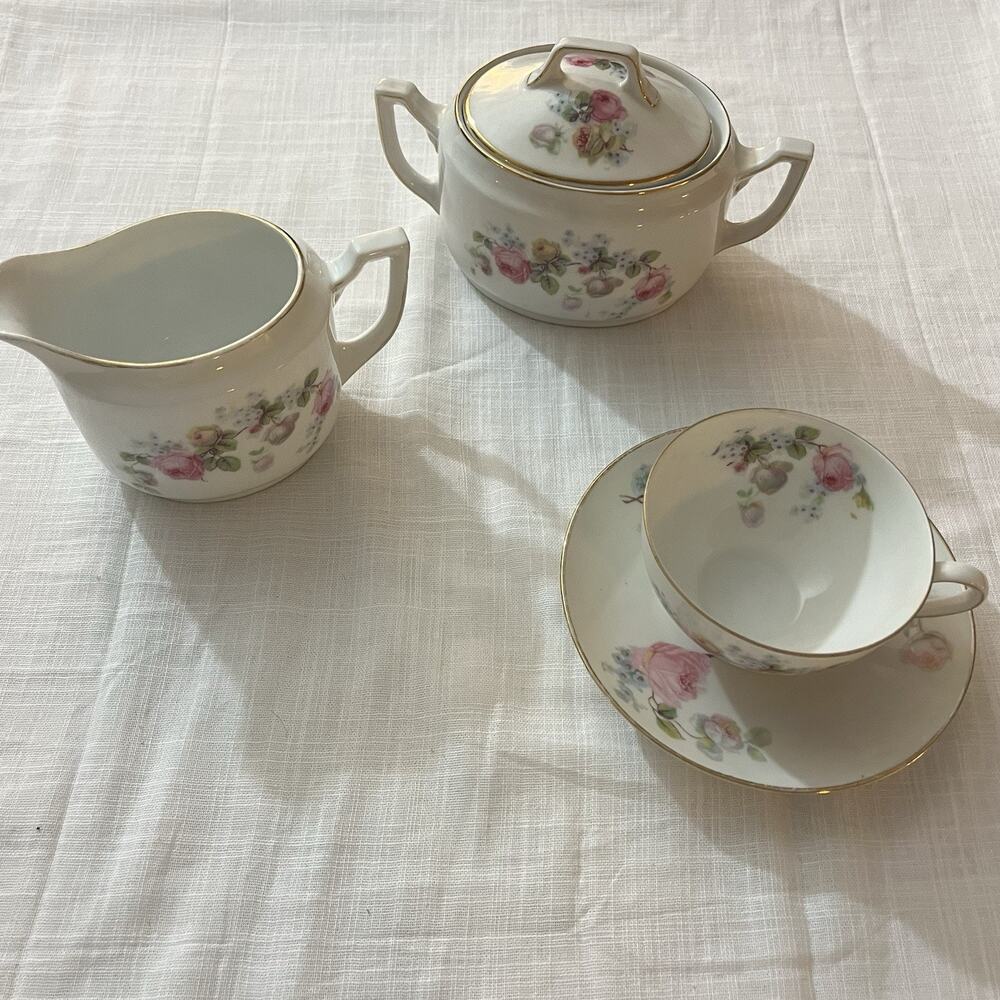 Epiag Czechoslovakia China Floral Rose Creamer & Sugar Dish Bowl w/ Lid Tea Cup